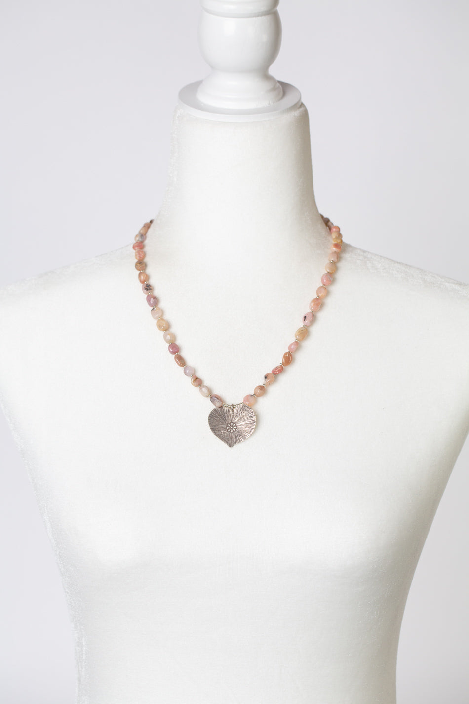 One Of A Kind 19.25-21.25" Pink Opal With Hill Tribe Fine Silver Heart Statement Necklace