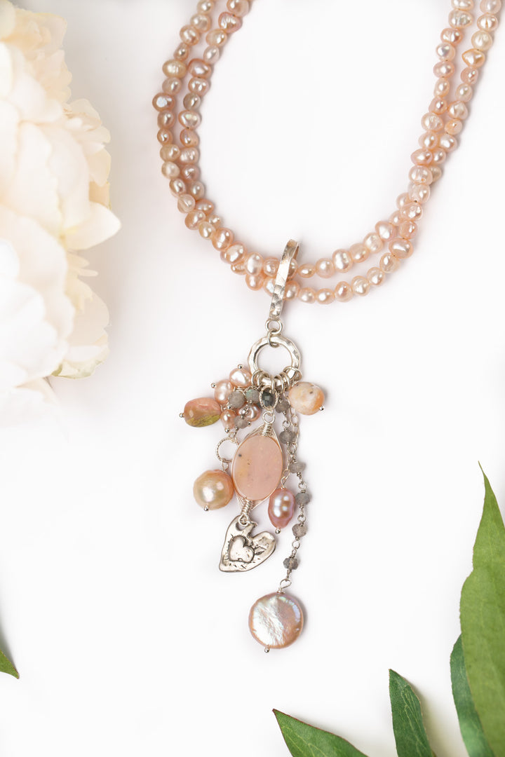 One Of A Kind 19.5-21.5" Hill Tribe Fine Silver Charm, Labradorite With Freshwater Pearl And Pink Opal Statement Necklace