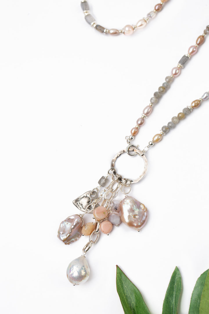 One Of A Kind 25" Hill Tribe Fine Silver, Labradorite With Freshwater Pearl And Pink Opal Statement Necklace