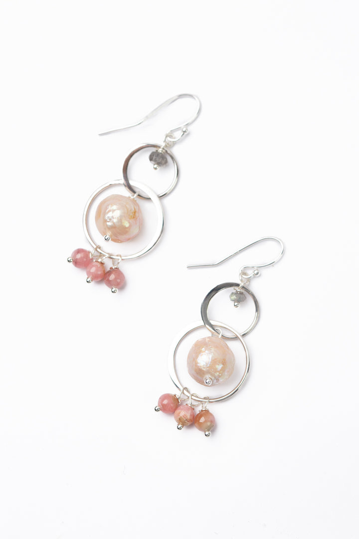 One Of A Kind Rhodochrosite, Labradorite With Freshwater Pearl Cluster Earrings