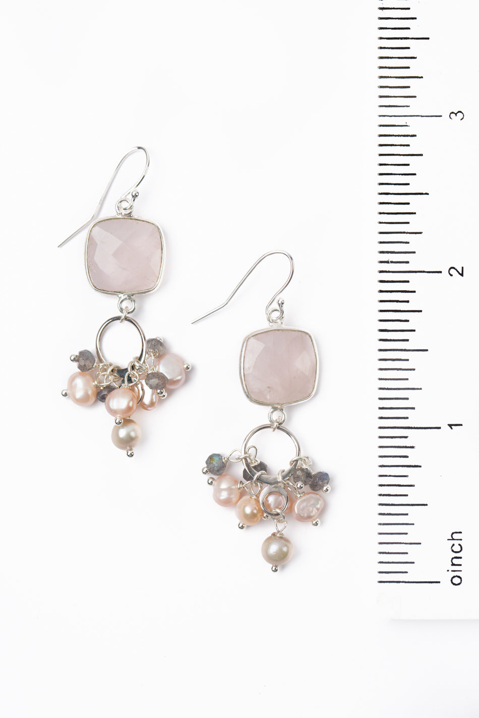 One Of A Kind Freshwater Pearl, Labradorite With Faceted Rose Quartz Statement Earrings