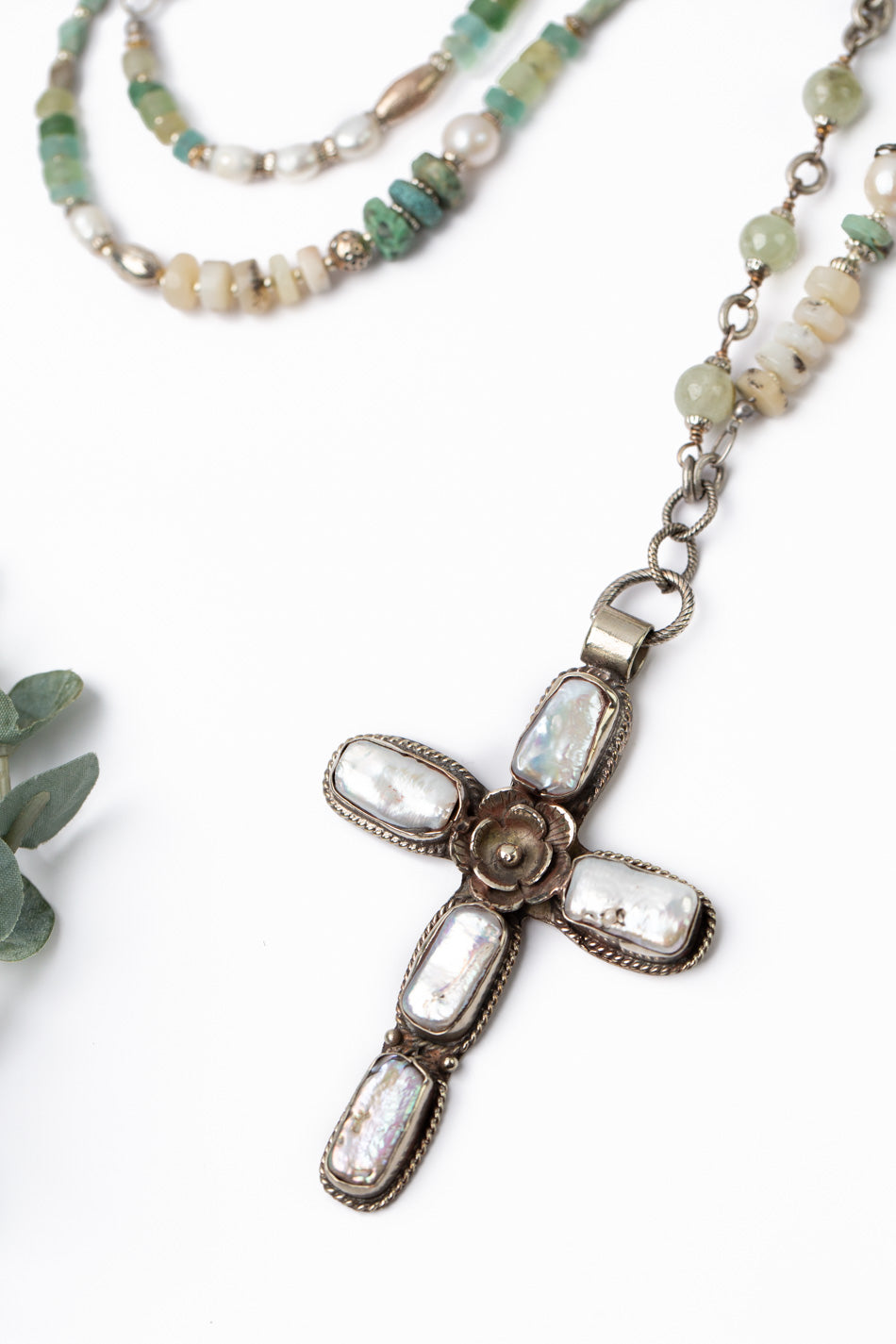 One Of A Kind 31-33" Roman Glass, Dendritic Opal With Freshwater Pearl Silver Cross With Flower Detail Statement Necklace
