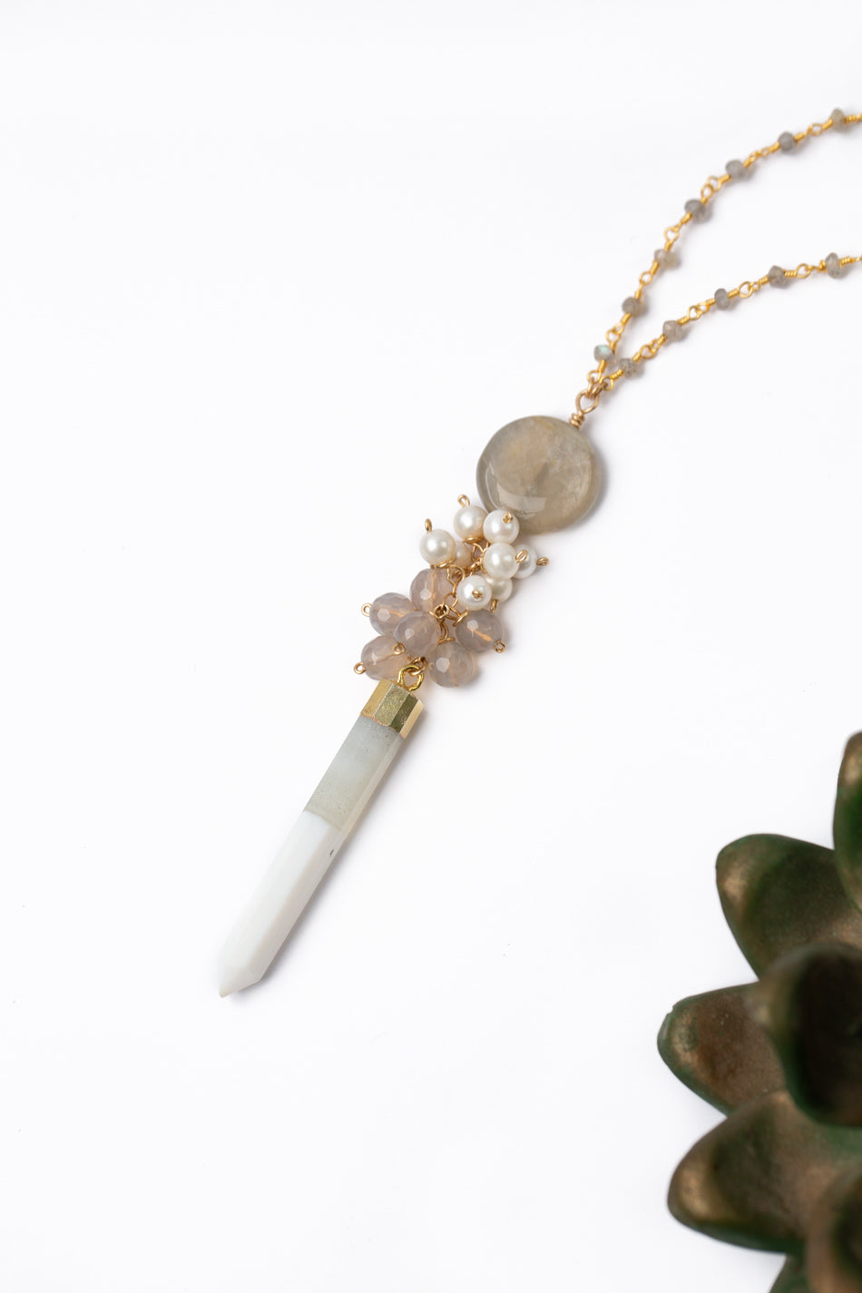 One Of A Kind 27-29" Chalcedony Point With Freshwater Pearl And Moonstone Faceted Labradorite Cluster Necklace