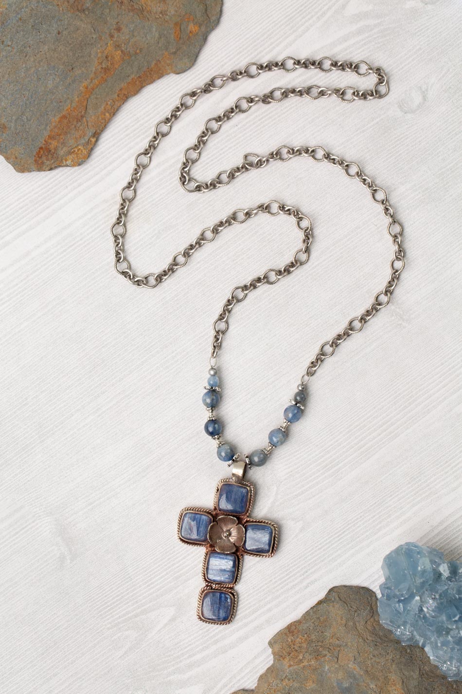 One Of A Kind 32" Blue Kyanite Tibetan Silver Cross With Flower Detail Statement Necklace
