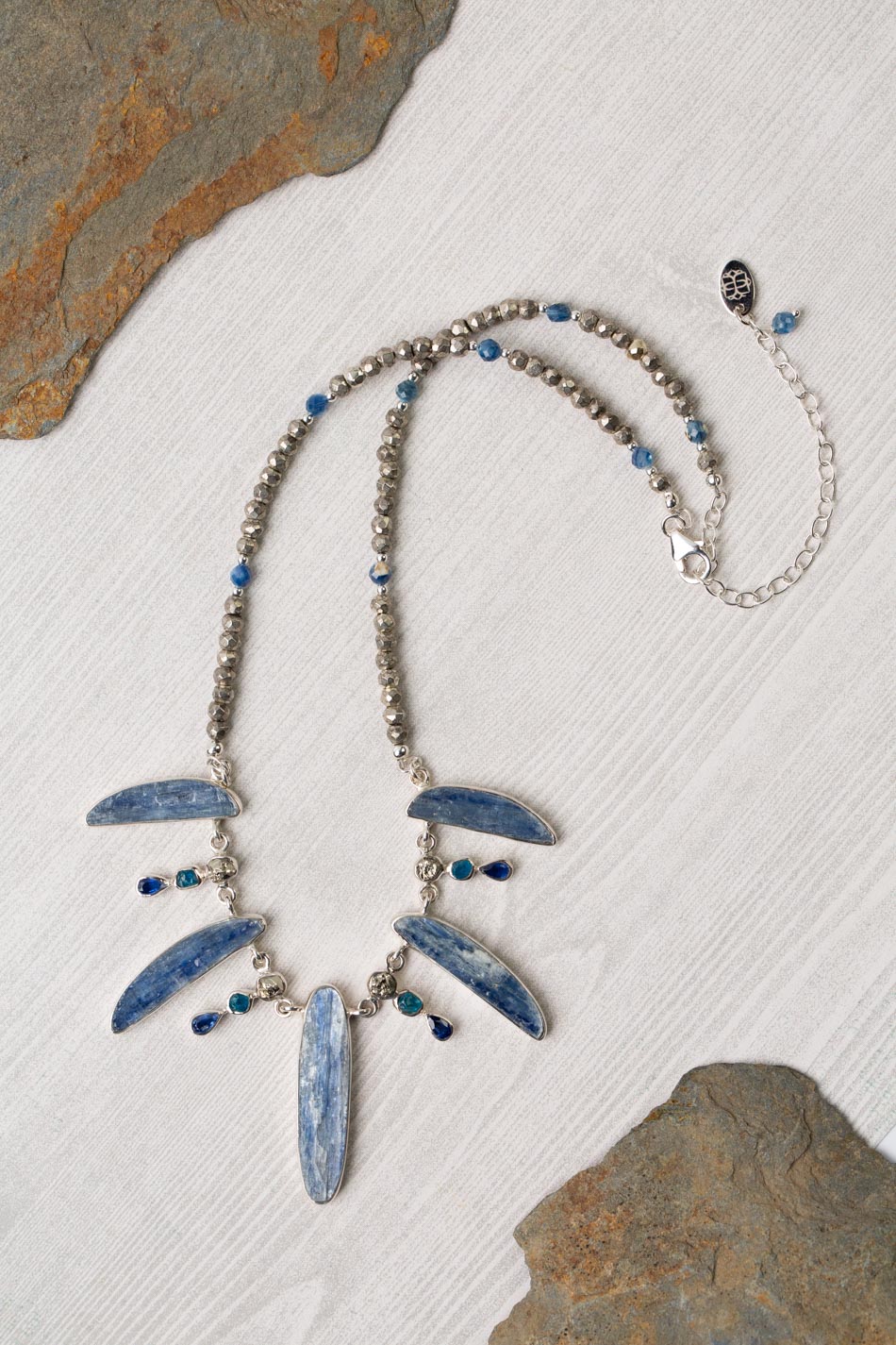 One Of A Kind 16-19" Pyrite With Silver Set Blue Kyanite Statement Necklace