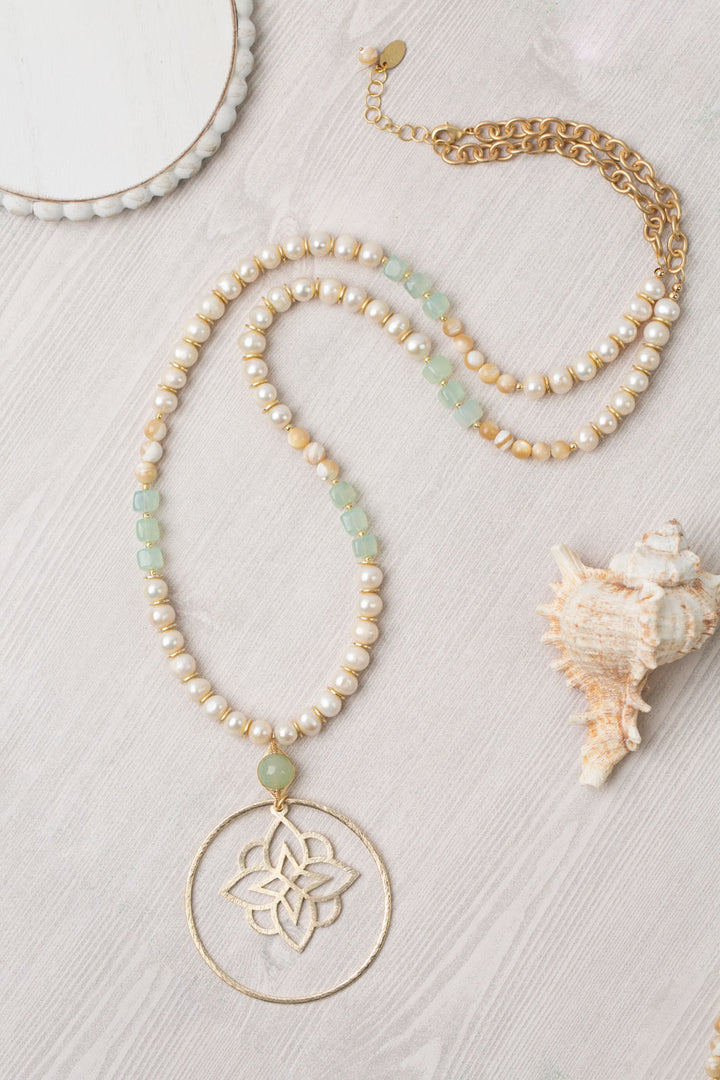 One Of A Kind 33-34.5" Faceted Chalcedony, Freshwater Pearl, Mother Of Pearl With Brushed Gold Flower Pendant Statement Necklace