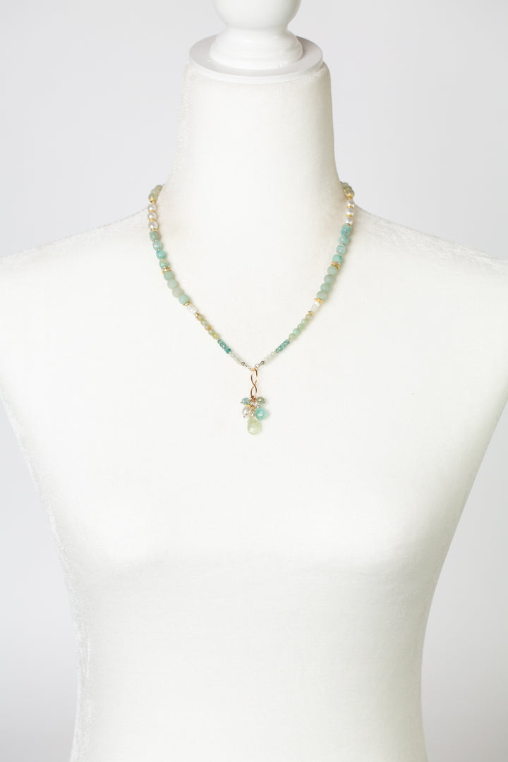 One Of A Kind 18.75-20.25" Blue Apatite With Cluster Of Amazonite, Freshwater Pearl, And Prehnite Dangles With Gold Filled Accents Cluster Necklace