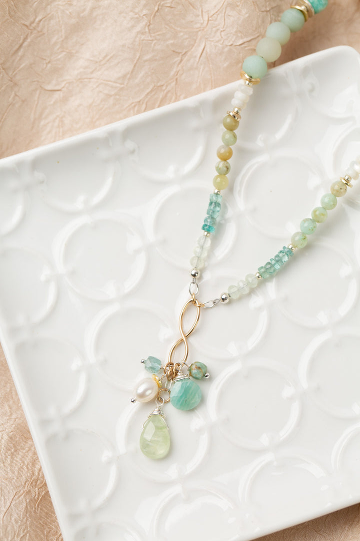 One Of A Kind 18.75-20.25" Blue Apatite With Cluster Of Amazonite, Freshwater Pearl, And Prehnite Dangles With Gold Filled Accents Cluster Necklace