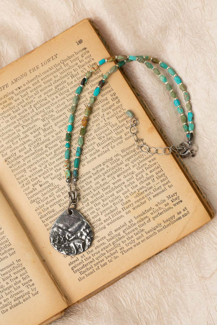 One Of A Kind 15.5-17.5" Natural Turquoise With Bear And Mountains Pendant Simple Necklace