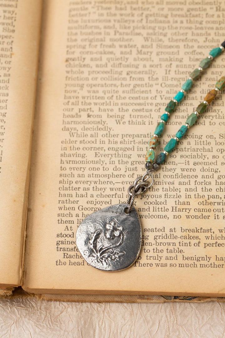 One Of A Kind 15.5-17.5" Natural Turquoise With Bear And Mountains Pendant Simple Necklace