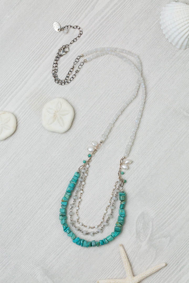 One Of A Kind 19-21" Faceted Rainbow Moonstone, Freshwater Pearl, Turquoise Statement Necklace