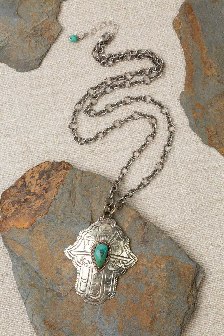 One Of A Kind 31-33" Tibetan Turquoise Hamsa Hand With Crescent Moon Detail Statement Necklace