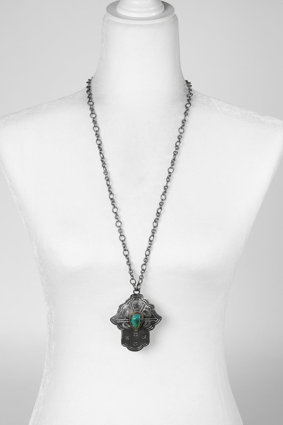 One Of A Kind 31-33" Tibetan Turquoise Hamsa Hand With Crescent Moon Detail Statement Necklace