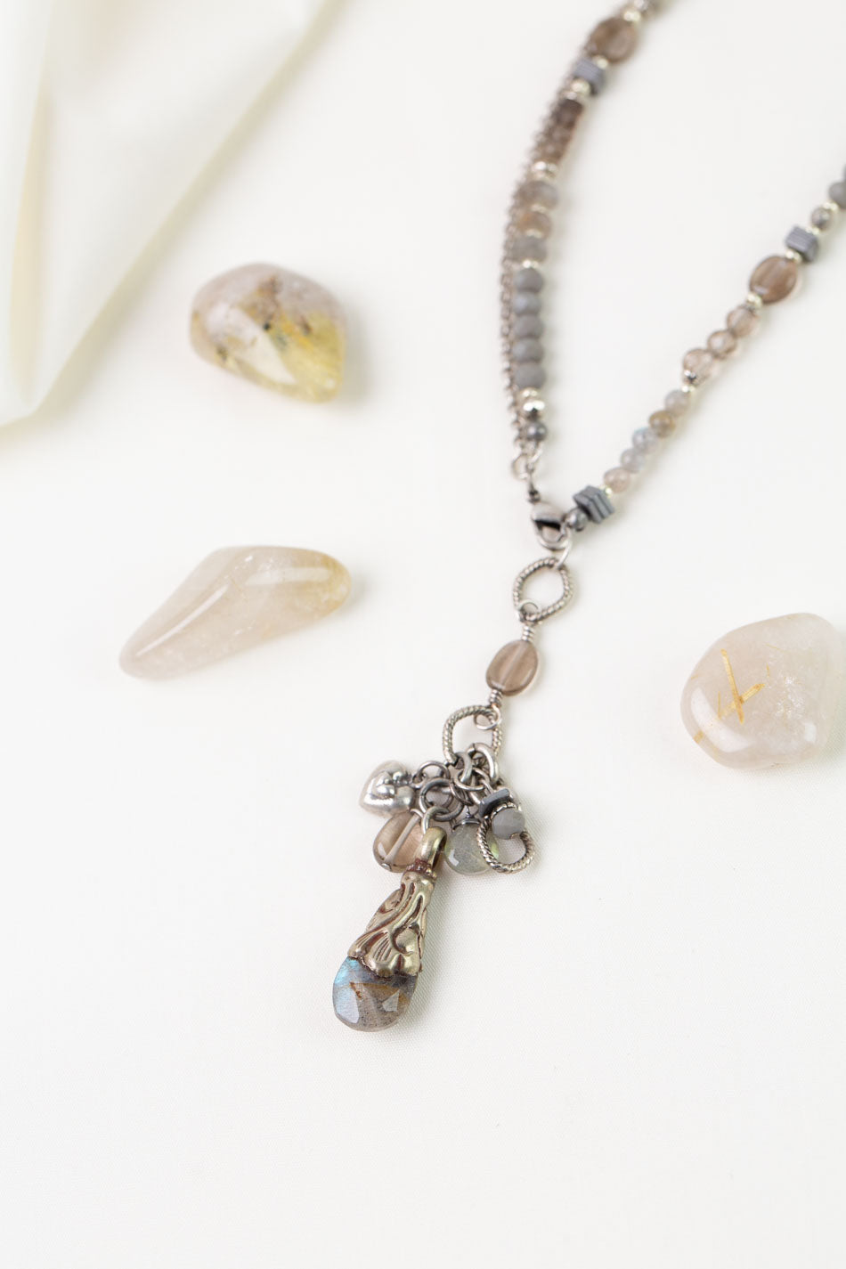 One Of A Kind 15.5-17" Labradorite, Smokey Quartz Statement Necklace