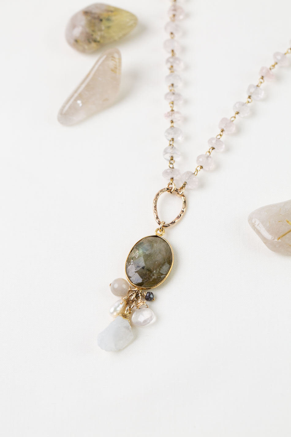 One Of A Kind 26-28" Labradorite, Rose Quartz Statement Necklace