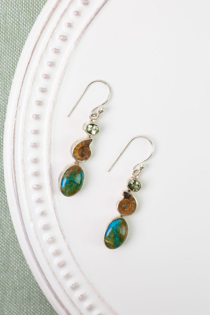One Of A Kind Peruvian Opal, Ammonite Fossil, And Faceted Tourmaline Simple Earrings