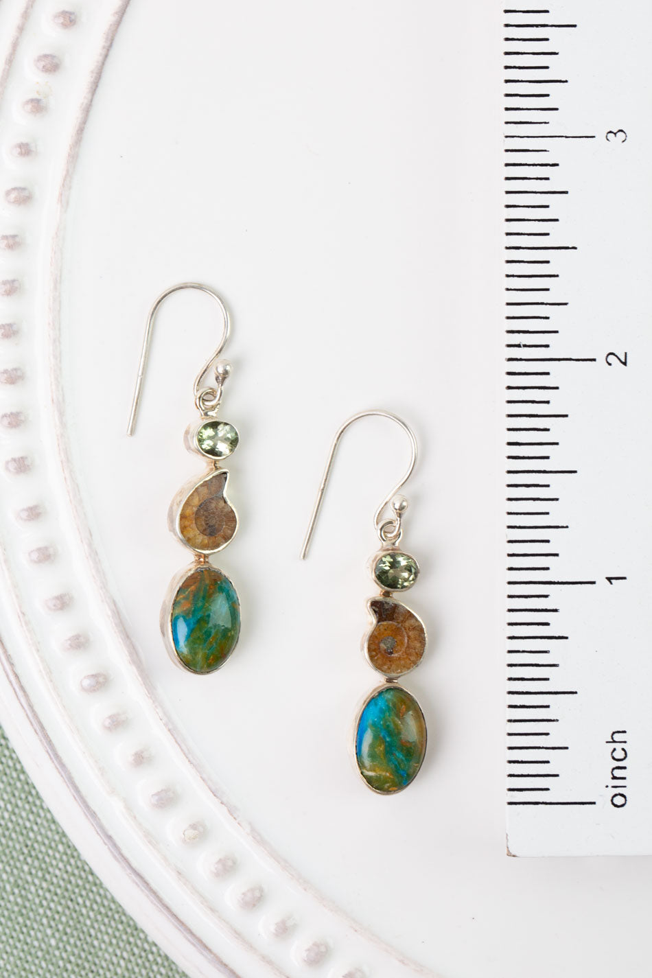 One Of A Kind Peruvian Opal, Ammonite Fossil, And Faceted Tourmaline Simple Earrings