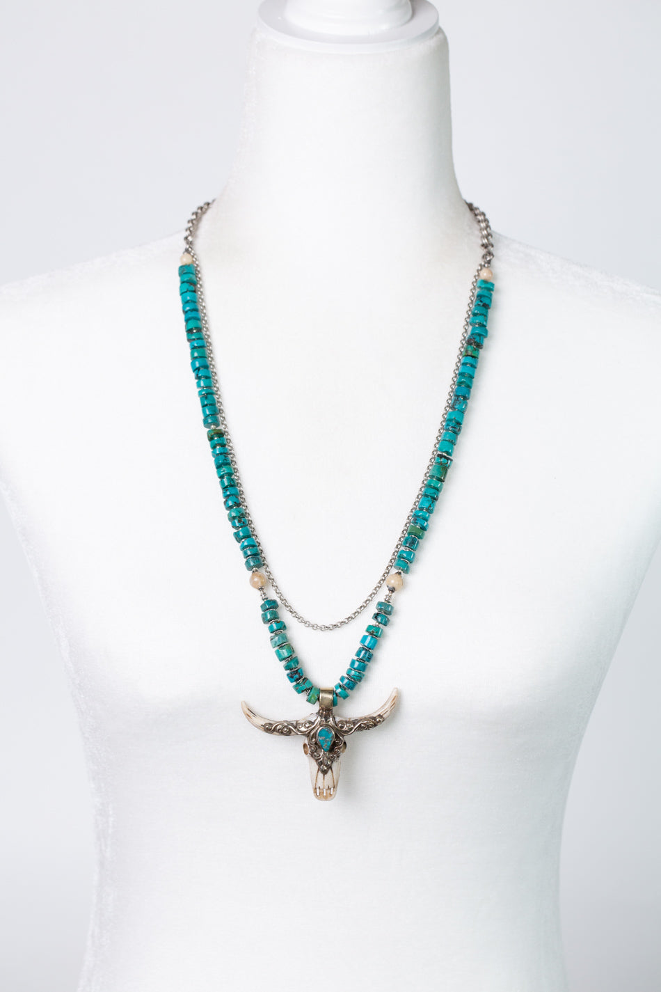 One Of A Kind 28-30" Longhorn With Turquoise Teardrop Multistrand Necklace