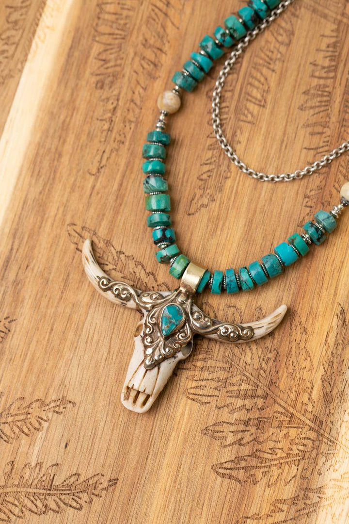 One Of A Kind 28-30" Longhorn With Turquoise Teardrop Multistrand Necklace