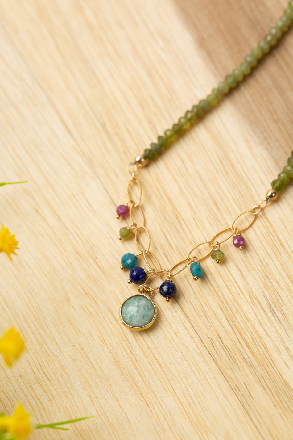 One Of A Kind 14.75-16.75" Lapis Lazuli, Blue Apatite, Faceted Ruby With Amazonite Coin Gold Bezel Simple Necklace