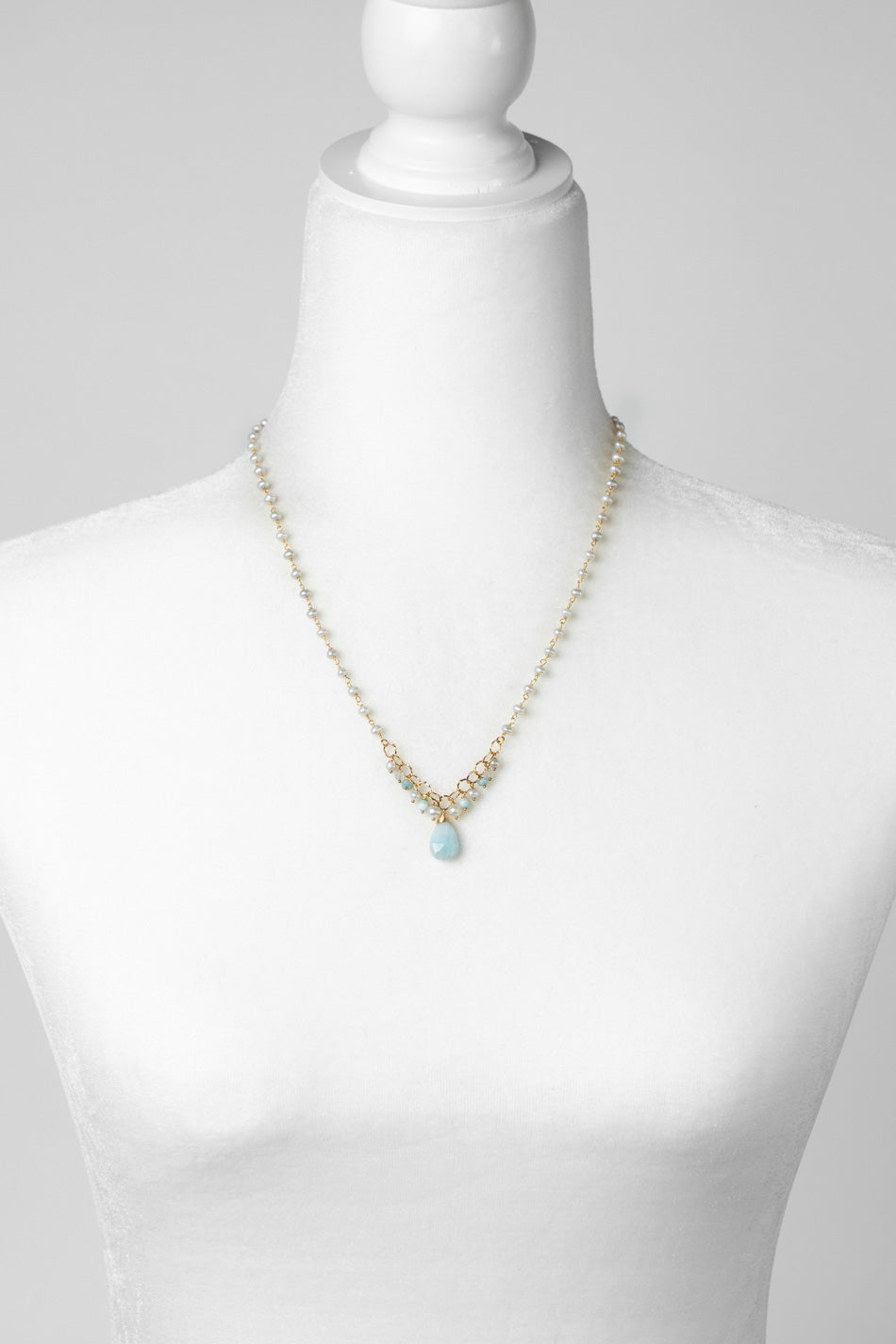 One Of A Kind 18.75-20.75" Freshwater Pearl, Faceted Aquamarine With Faceted Larimar Teardrop Briolette Cluster Necklace