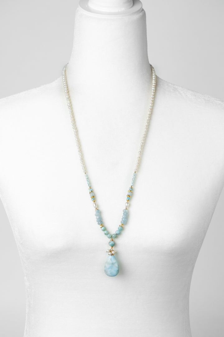 One Of A Kind 27.5-29.5" Freshwater Pearl, Aquamarine With Larimar Briolette Statement Necklace