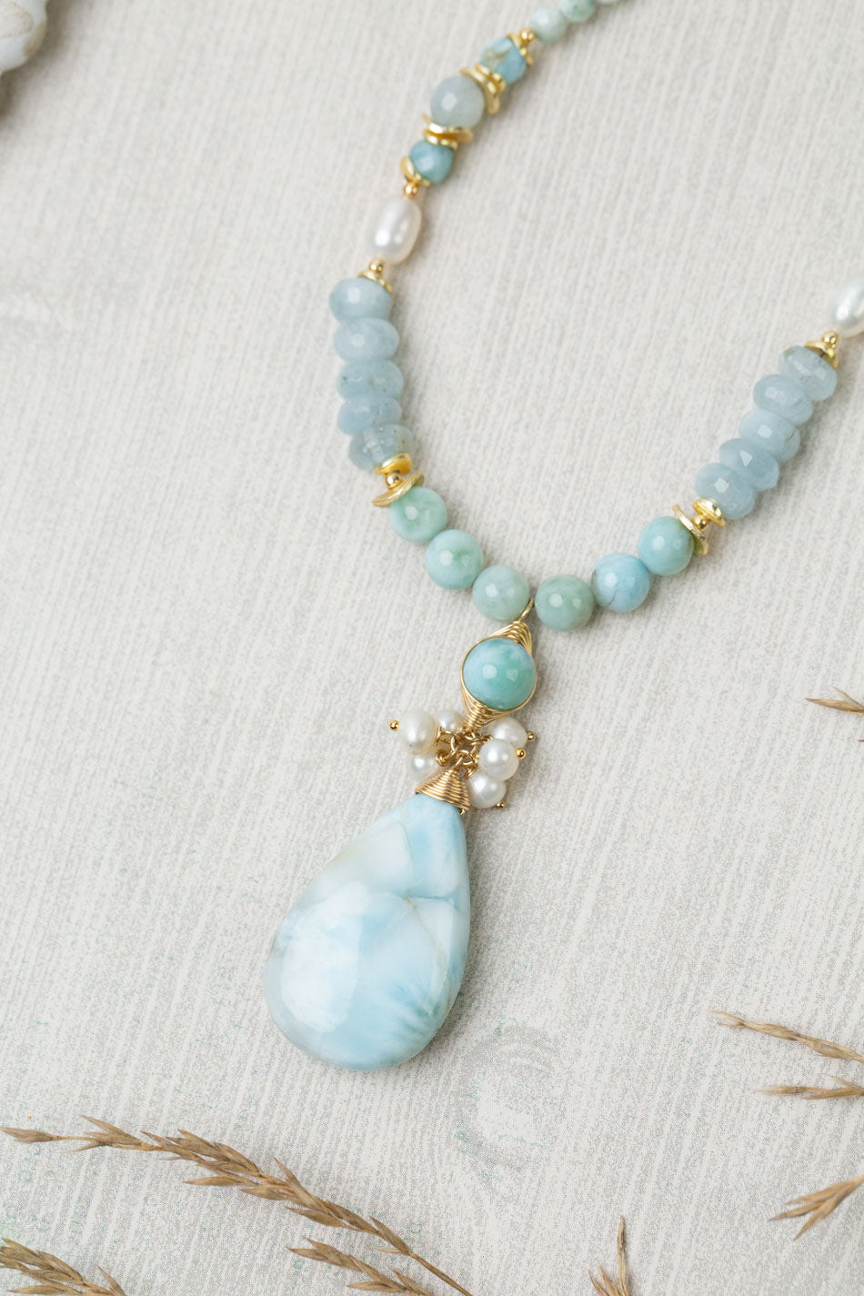One Of A Kind 27.5-29.5" Freshwater Pearl, Aquamarine With Larimar Briolette Statement Necklace