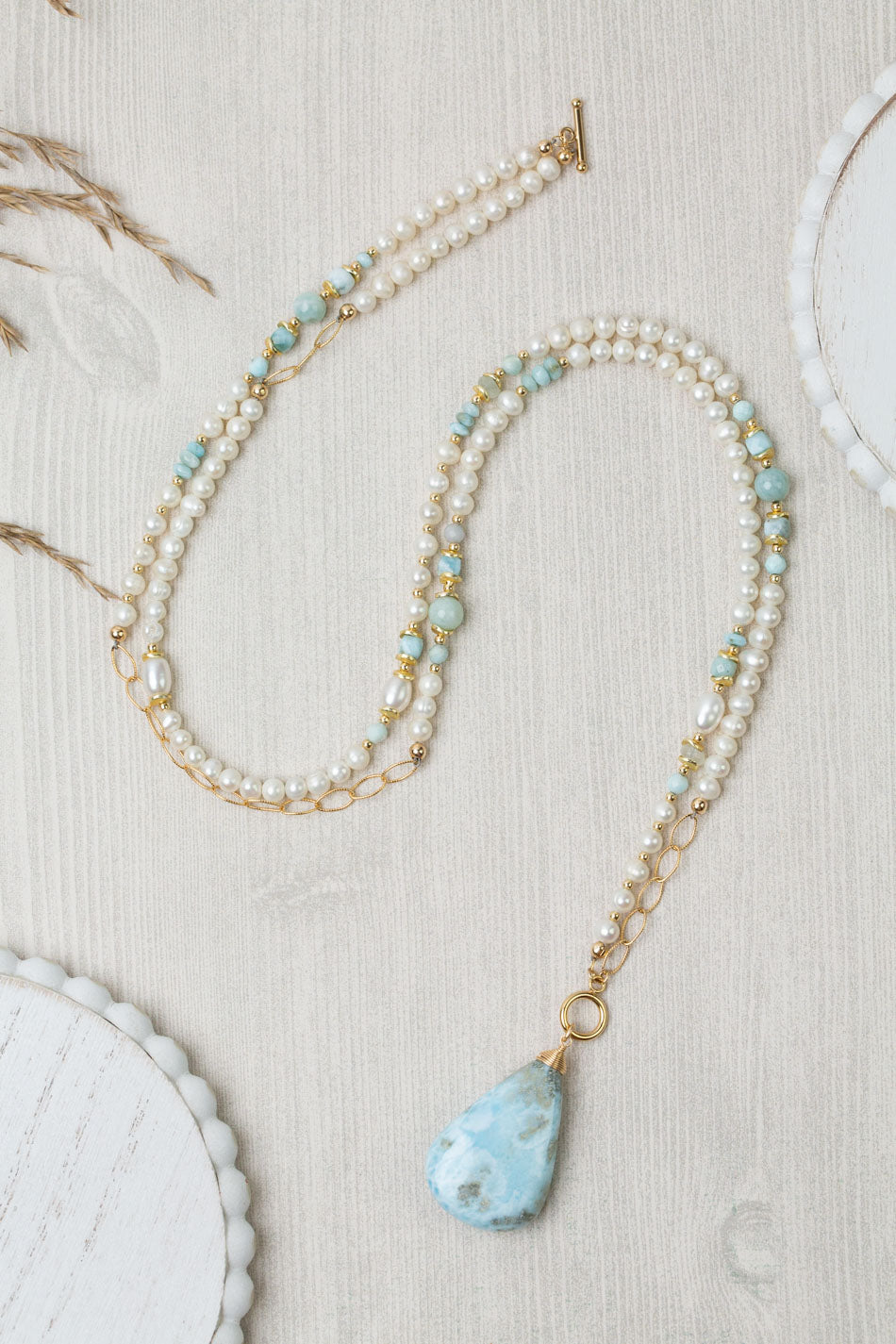 One Of A Kind 17 or 33" Freshwater Pearl, Aquamarine With Larimar Teardrop Briolette Statement Necklace