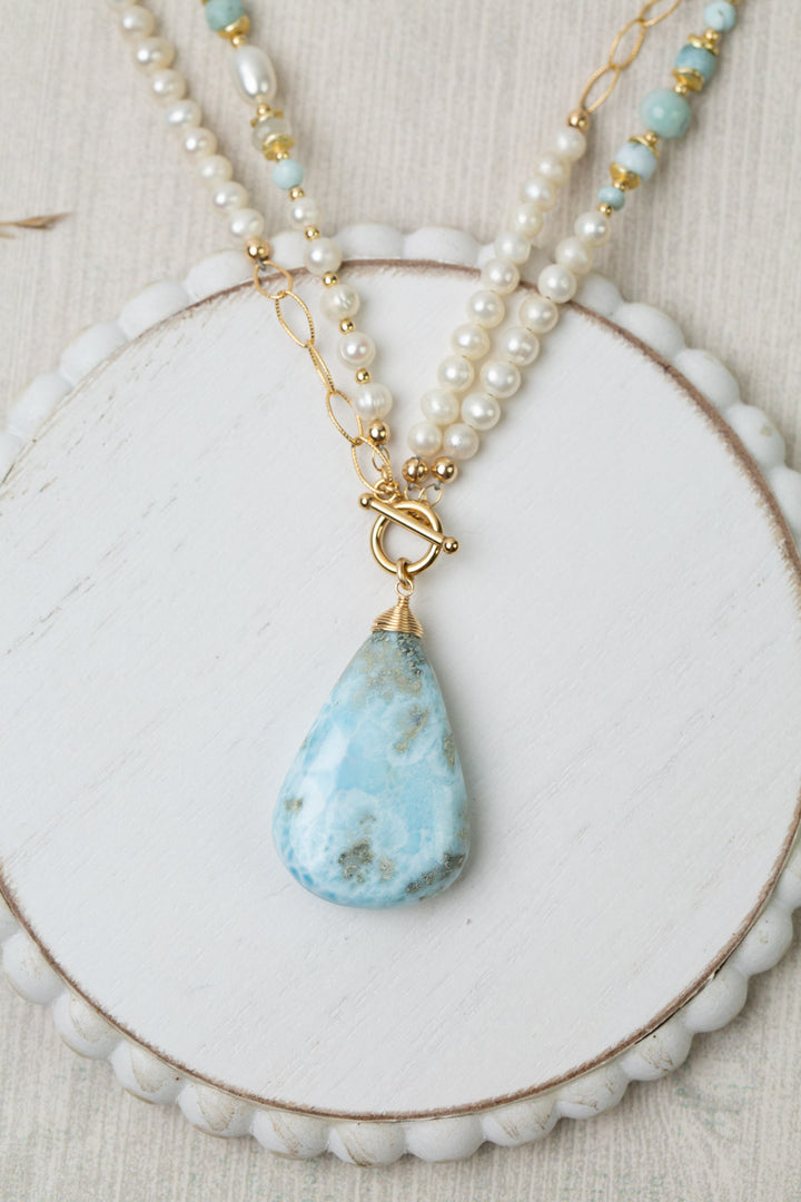 One Of A Kind 17 or 33" Freshwater Pearl, Aquamarine With Larimar Teardrop Briolette Statement Necklace