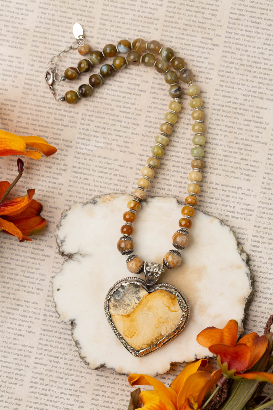 One Of A Kind 17.5-19.5" Agate, Hessonite, With Picture Jasper Silver Heart Pendant Statement Necklace