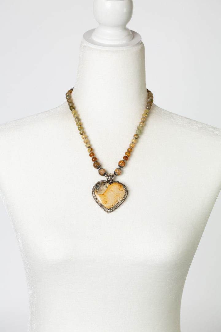 One Of A Kind 17.5-19.5" Agate, Hessonite, With Picture Jasper Silver Heart Pendant Statement Necklace