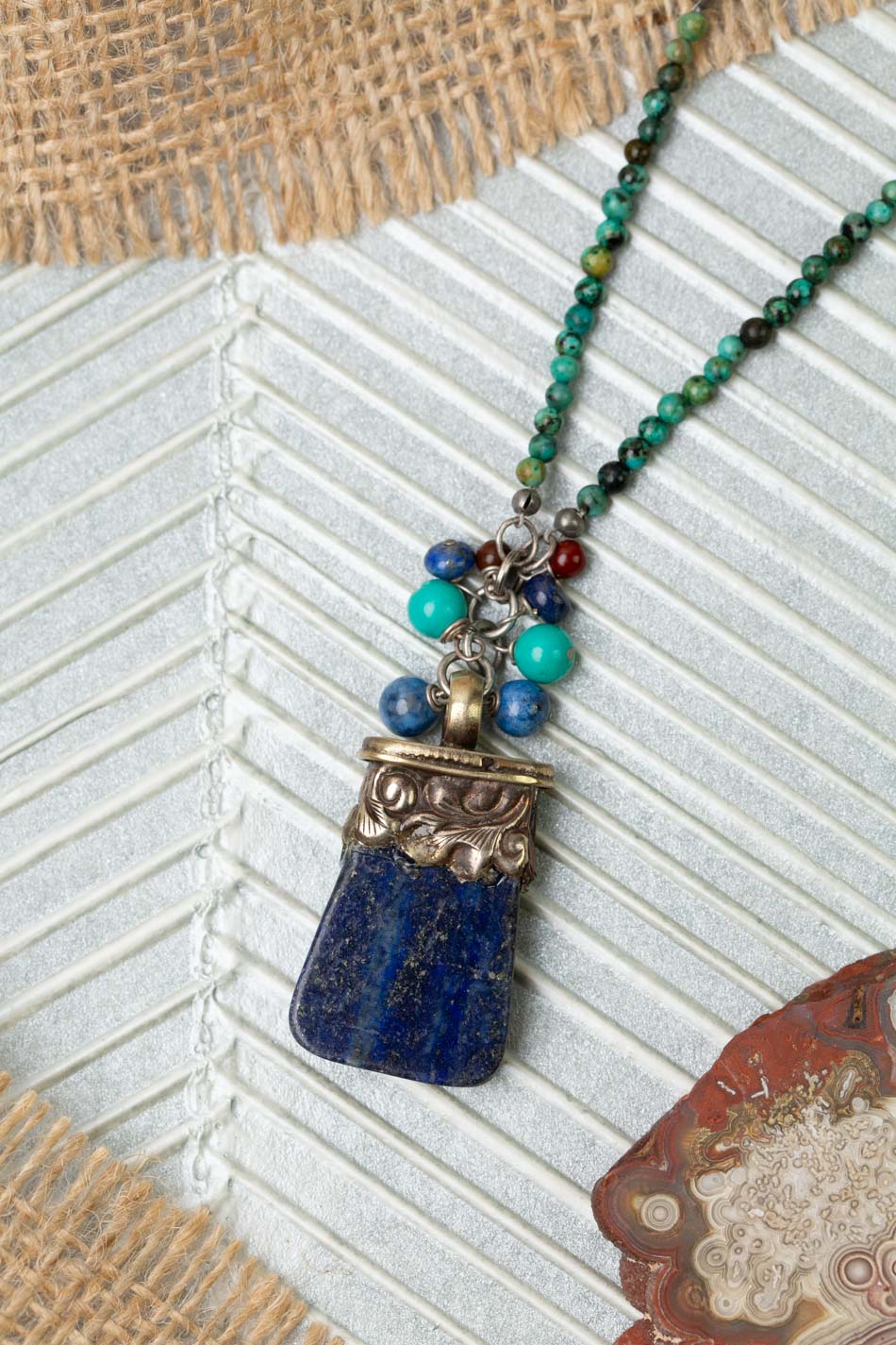 One Of A Kind 26.5-28.5" Jasper, Turquoise With Lapis Statement Necklace