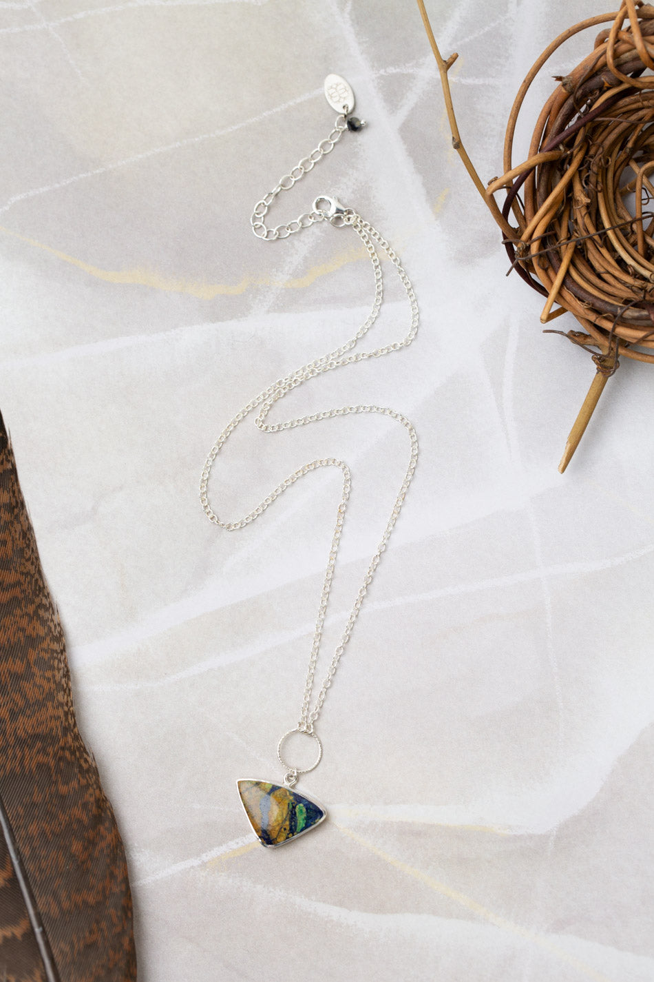 One Of A Kind 15.5-17.5" Azurite Malachite Triangle Pendant Simple Necklace