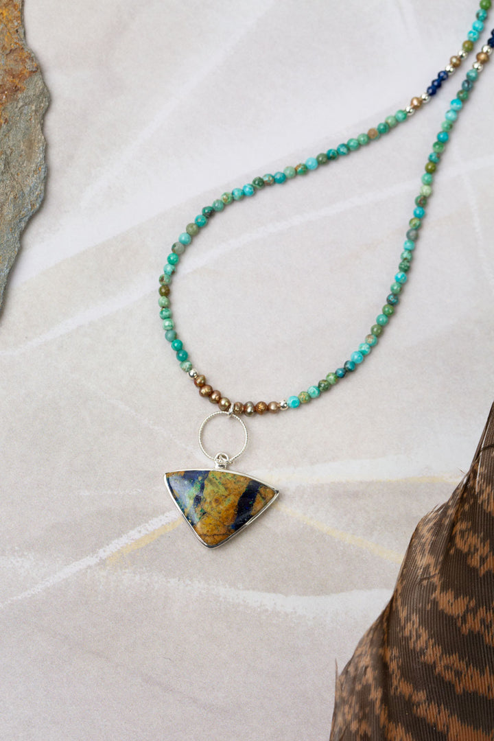 One Of A Kind 15.5-17.5" Peruvian Turquoise, Freshwater Pearl With Azurite Malachite Triangle Pendant Collage Necklace