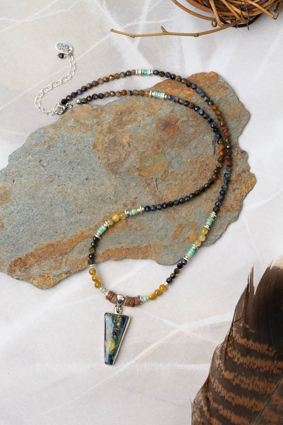 One Of A Kind 18.5-20.5" Pietersite, Yellow Tigers Eye, Chrysocolla With Azurite Malachite Triangle Pendant Collage Necklace