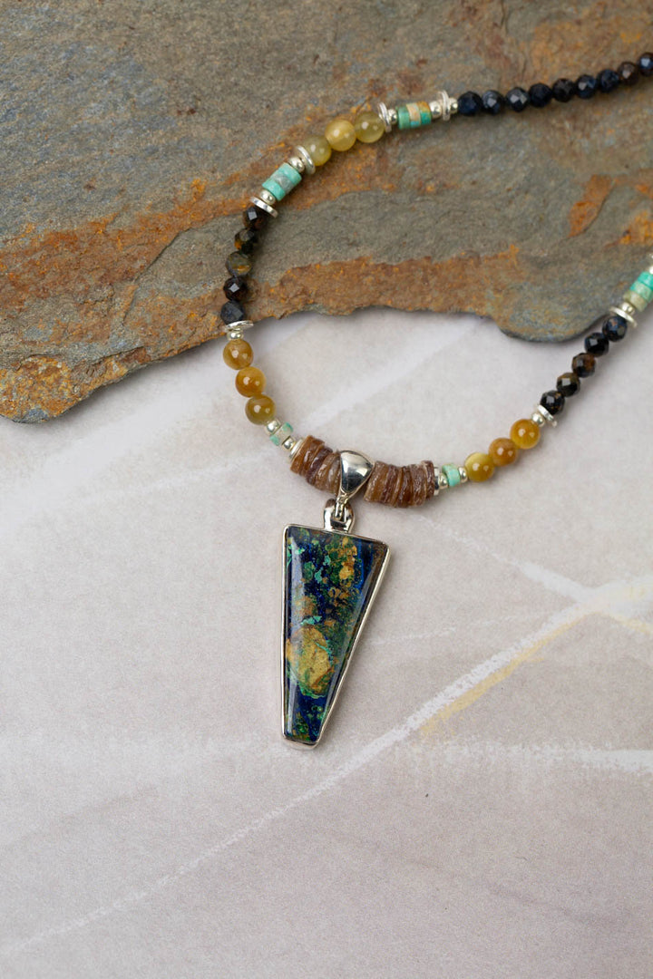 One Of A Kind 18.5-20.5" Pietersite, Yellow Tigers Eye, Chrysocolla With Azurite Malachite Triangle Pendant Collage Necklace