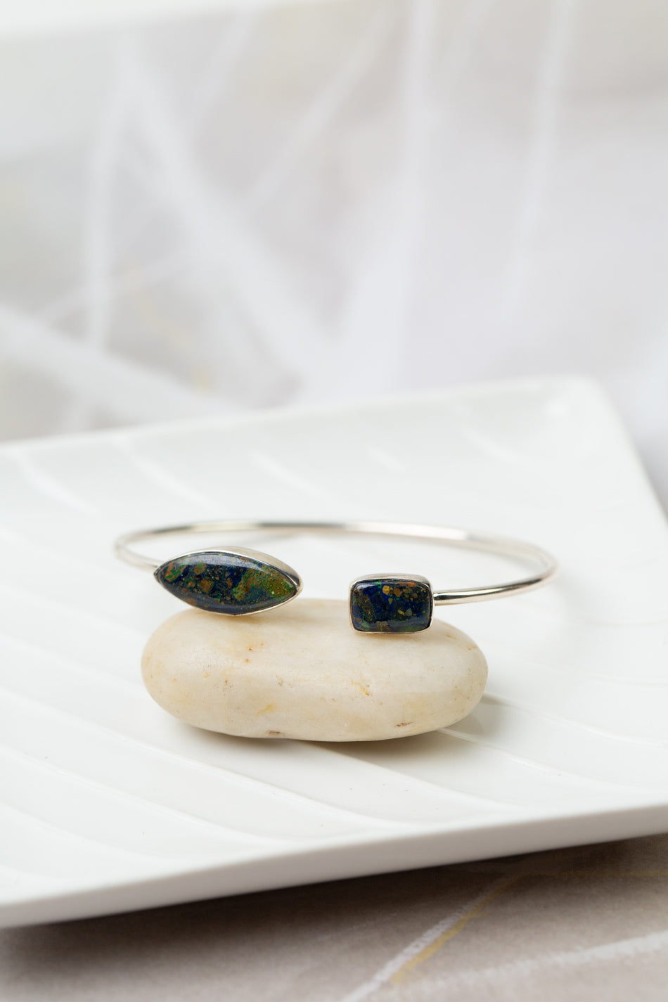 One Of A Kind 6.5" Azurite Malachite Marquise And Rectangle Cabochons Sterling Silver Cuff Bracelet
