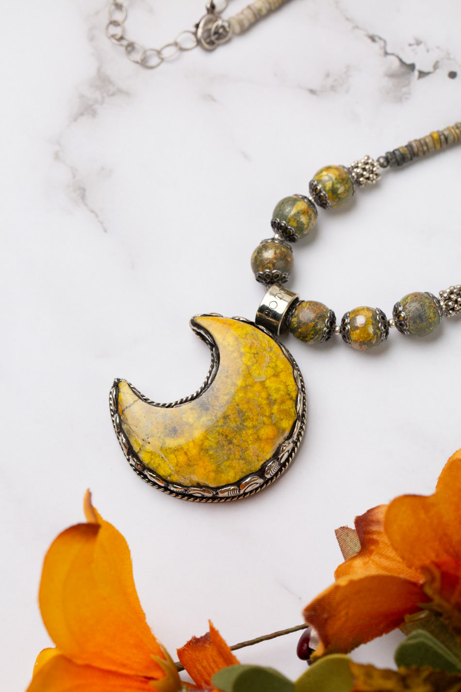 One Of A Kind 22.5-24.5" Bumblebee Jasper Ornate Moon Pendant Statement Necklace