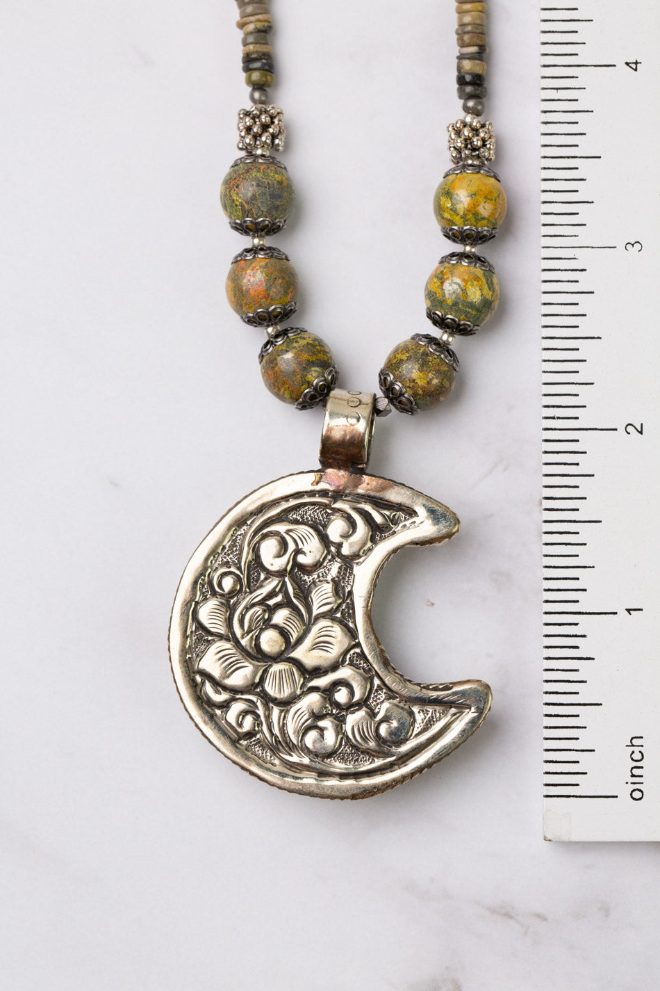 One Of A Kind 22.5-24.5" Bumblebee Jasper Ornate Moon Pendant Statement Necklace