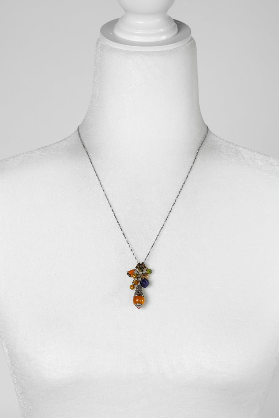 One Of A Kind 18.5-20.5" Orange Calcite Drop Pendant With Czech Glass And Lapis Lazuli Dangles Cluster Necklace