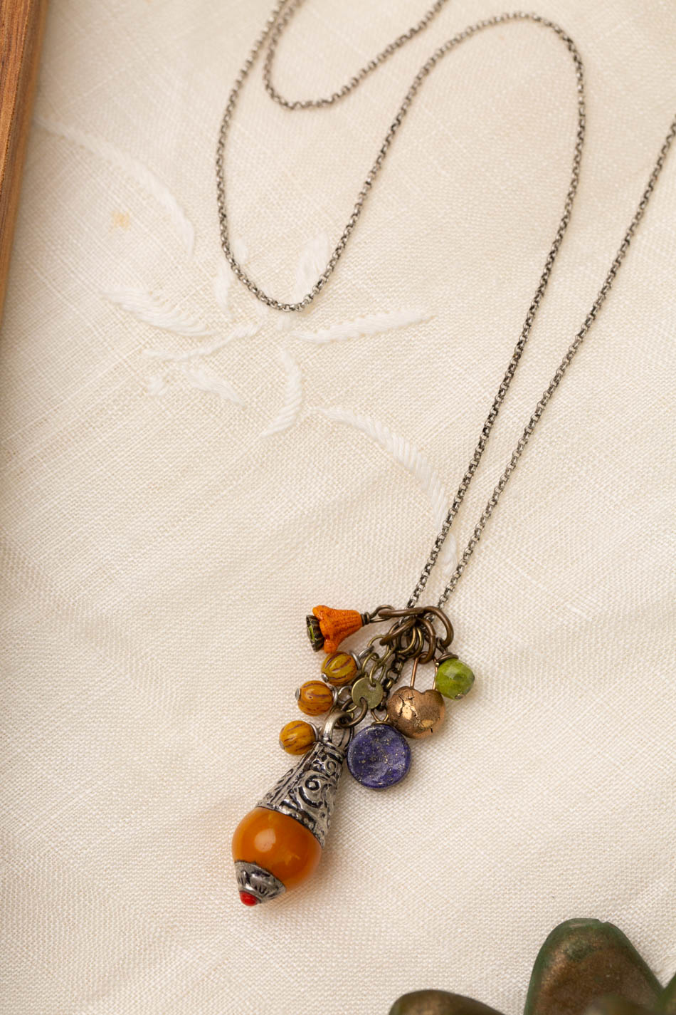 One Of A Kind 18.5-20.5" Orange Calcite Drop Pendant With Czech Glass And Lapis Lazuli Dangles Cluster Necklace