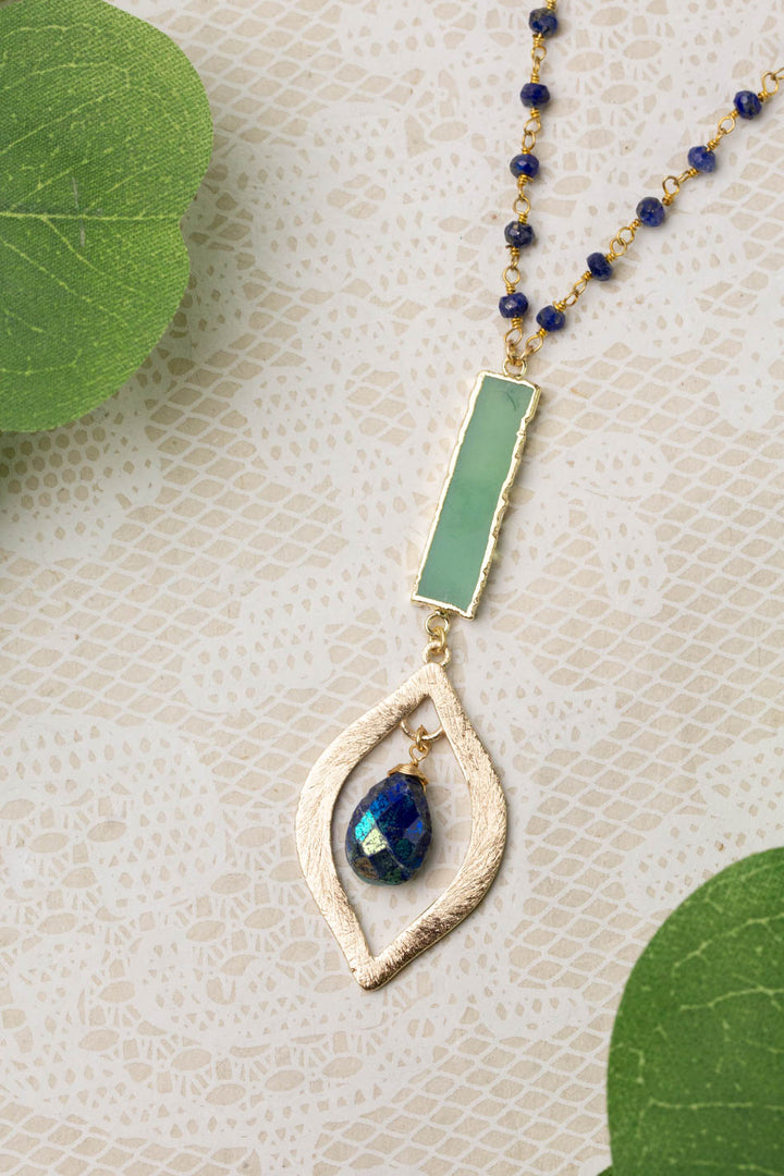 One Of A Kind 32" Brushed Gold Marquise Shaped Focal With Aura Lapis Lazuli And Chyrsoprase Rectangle Bezel Statement Necklace