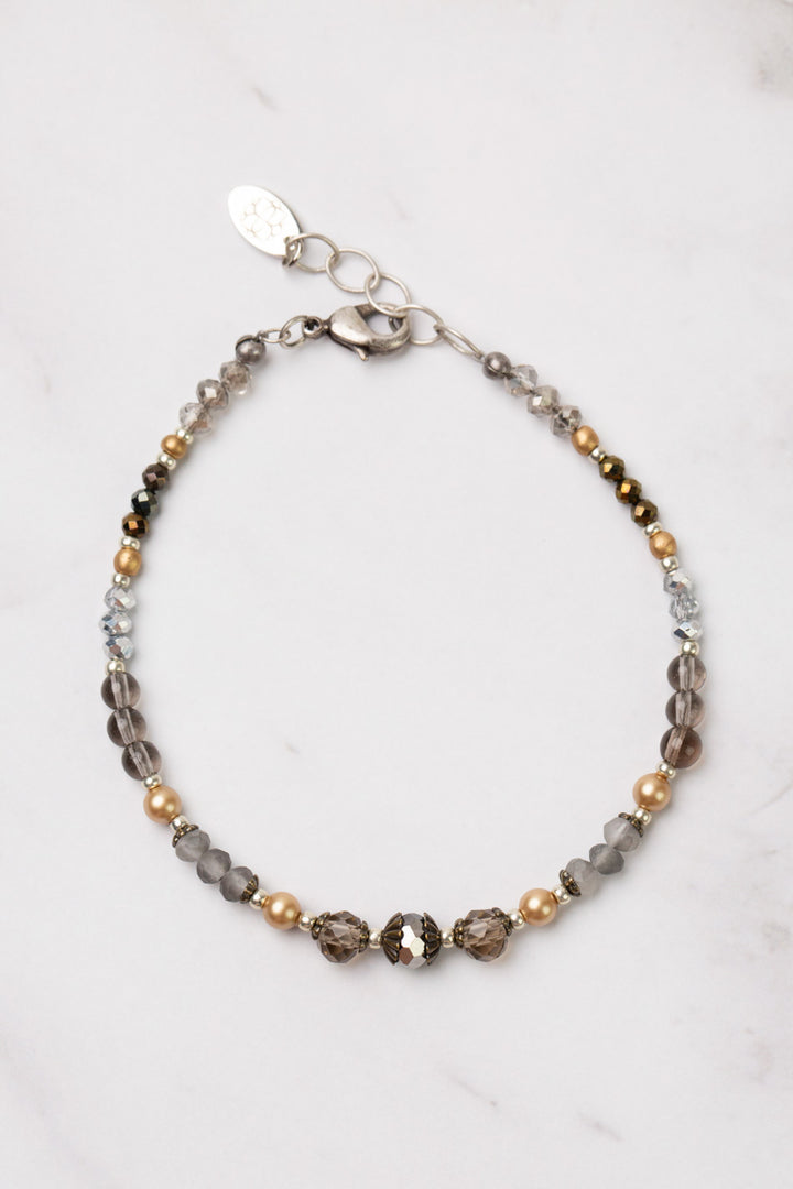 One Of A Kind 7.5-8.5" Smoky Quartz, Czech Glass, And Crystal Simple Bracelet