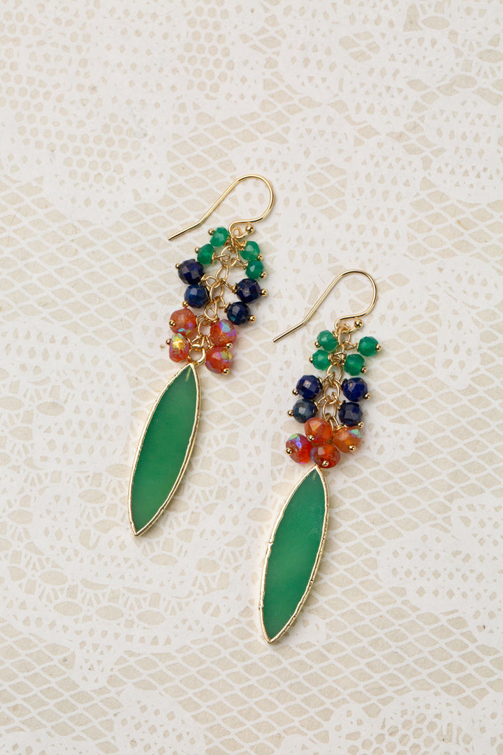 One Of A Kind Lapis Lazuli Briolette, Czech Glass With Long Marquise Shaped Chrysoprase Bezel Cluster Earrings