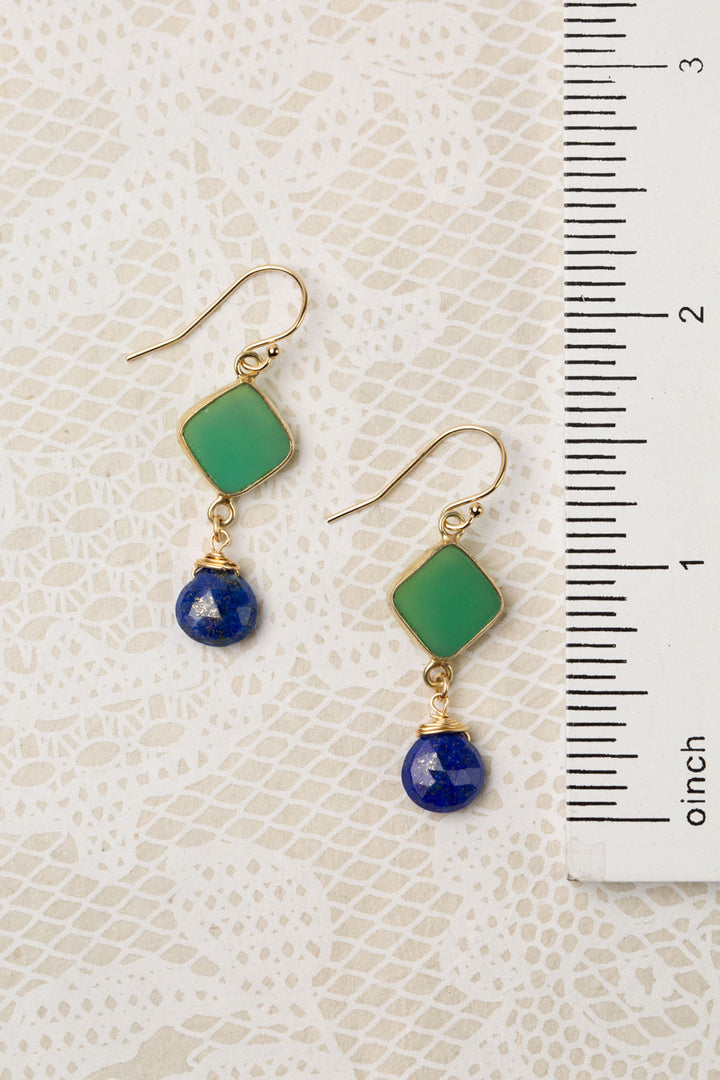 One Of A Kind Chrysoprase Diamond Shaped Bezel With Lapis Lazuli Briolette Dangle Earrings