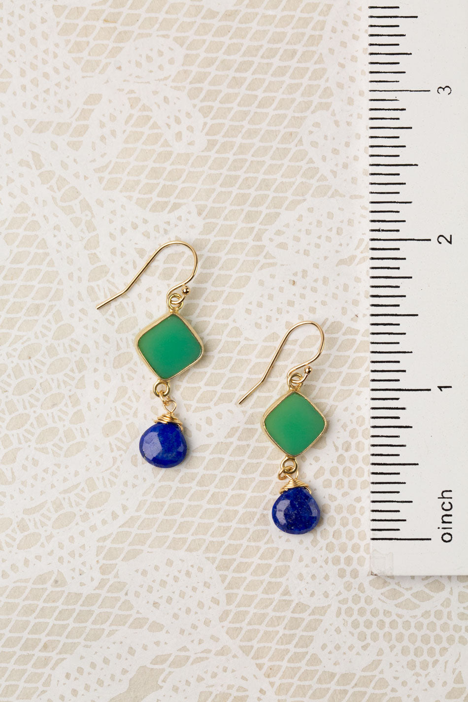 One Of A Kind Chrysoprase Diamond Shaped Bezel With Lapis Lazuli Dangle Earrings