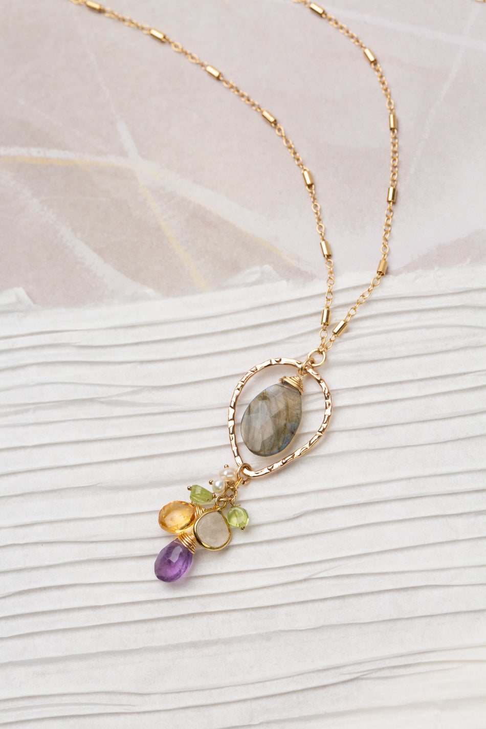 One Of A Kind 28.5-30.5" Citrine, Peridot, Amethyst With Labradorite Briolette Cluster Necklace