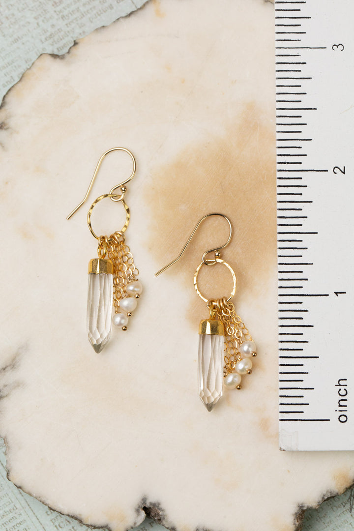 One Of A Kind Faceted Clear Quartz Point, Freshwater Pearl Cluster Earrings