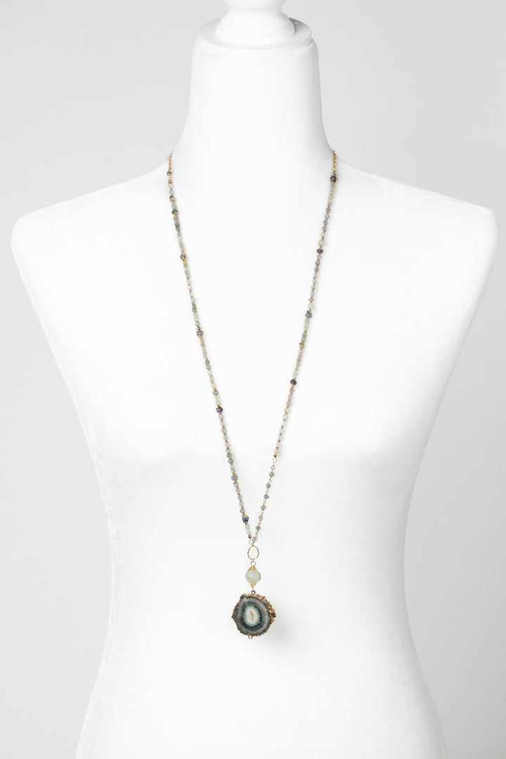 One Of A Kind 34-36" Green Moss Aquamarine, Iolite With Mineral Slice Statement Necklace