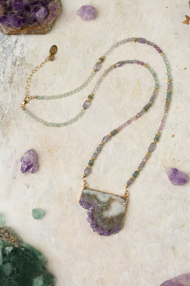 One Of A Kind 23-25" Amethyst, Fluorite, Iolite With Mineral Slice Statement Necklace